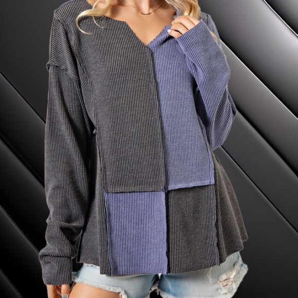 EASEL "Block Star" Rib Knit Color Block Out-Seam & Raw Details Tunic Length Top - Picture 10 of 12